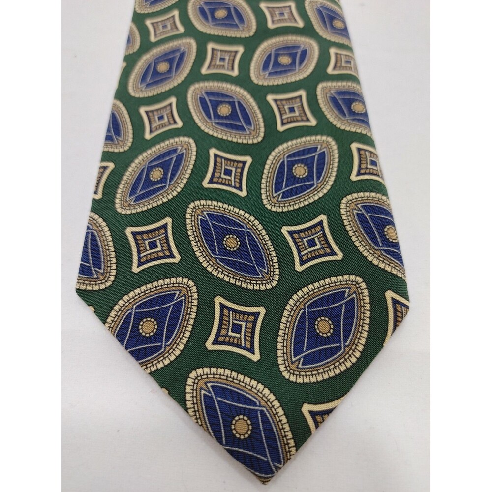 Polo Ralph Lauren Silk Tie Green Blue Medallion Geometric Handmade Italy Classic - Picture 2 of 3